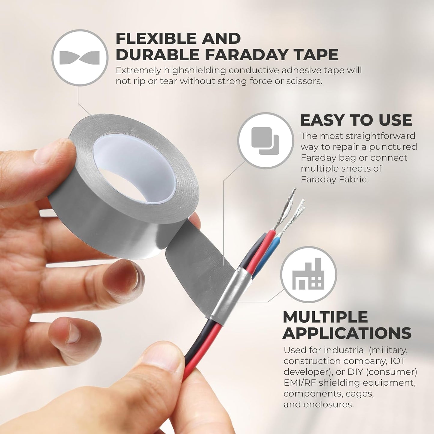 Conductive Cloth Fabric Adhesive Faraday Tape (1.6-Inch X 65Ft); EMI Grounding; RFID Signal Attenuation; Radio Frequency Signal Attenuation; Guitar Interference Shielding