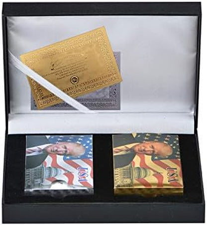 Donald Trump Playing Cards - Gold Plated Playing Cards Gold Plated Deck of Waterproof Poker Cards for Game for Table Games Good Gift for Friends, Men, Boyfriends (Gold&Silver W/Box)